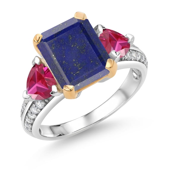 Gem Stone King 925 Sterling Silver and 10k Yellow Gold Blue Lapis and Red Created Ruby 3 Stone Engagement Ring for Women (4.05 Cttw, Emerald Cut Cut 10X8MM, Size 7)