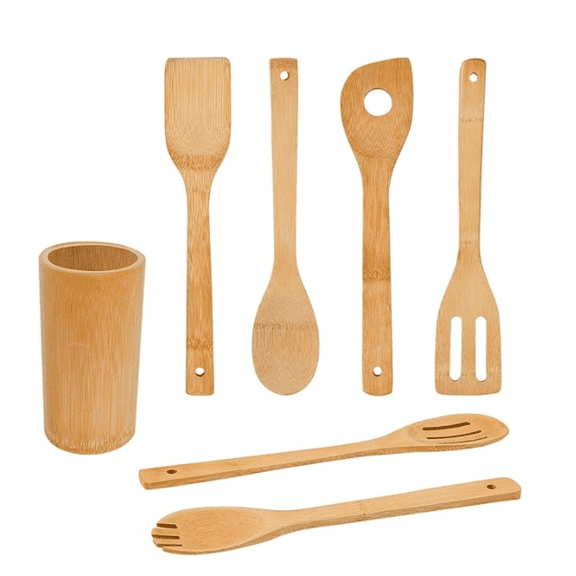 Wooden Spoons & Spatulas Set - 6 Pieces Kitchen Cooking Utensils and 1 Holder, Heat Resistant for Non Stick Cookware