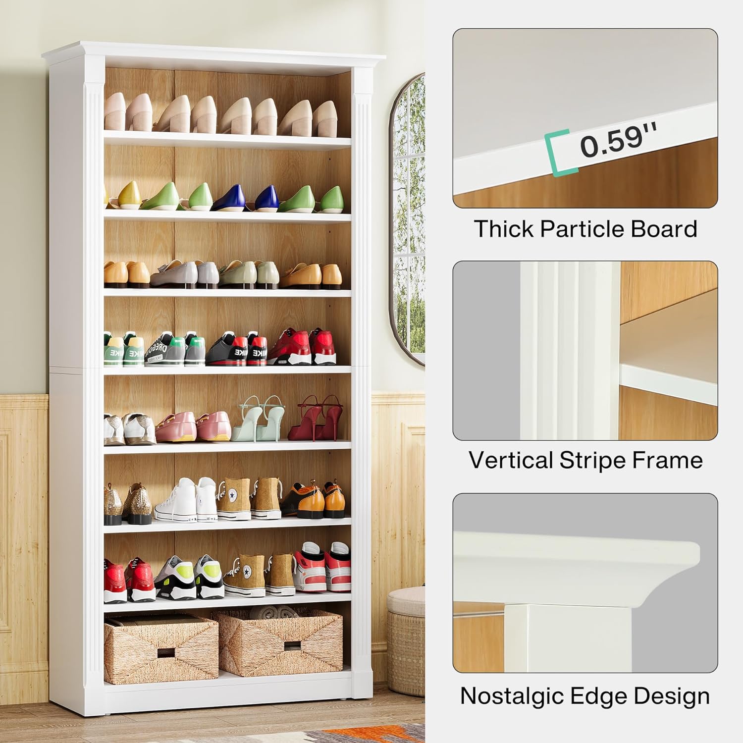 Tribesigns 8-Tier Shoe Rack, Wooden Freestanding Shoe Storage Cabinet for 32-40 Pairs, 70.9-Inch Tall Shoe Organizer Shelf for Entryway, Closet