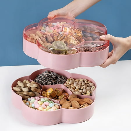 

Windfall 1/2-Tier Flower Shape Candy and Nut Serving Container Appetizer Tray with Lid 6 Compartment Round Plastic Food Storage Lunch Organizer Divided Christmas Snack Plate