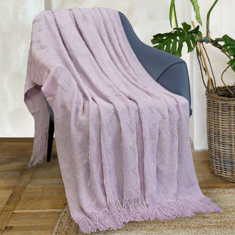 PAVILIA Light Purple Knit Throw Blanket Couch Soft Knitted Boho Farmhouse Home Decor Woven Throw Cozy Decorative Afghan Bed Sofa Outdoor Summer