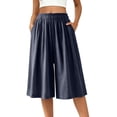 thumbnail image 3 of VBVC Women's High Waist Wide Leg Culottes, Breathable Casual Cropped Palazzo Pants For Women, Ladies' Loose Flowy Elastic Waist Capri Pants with Pockets,Navy,M-5XL, 3 of 8