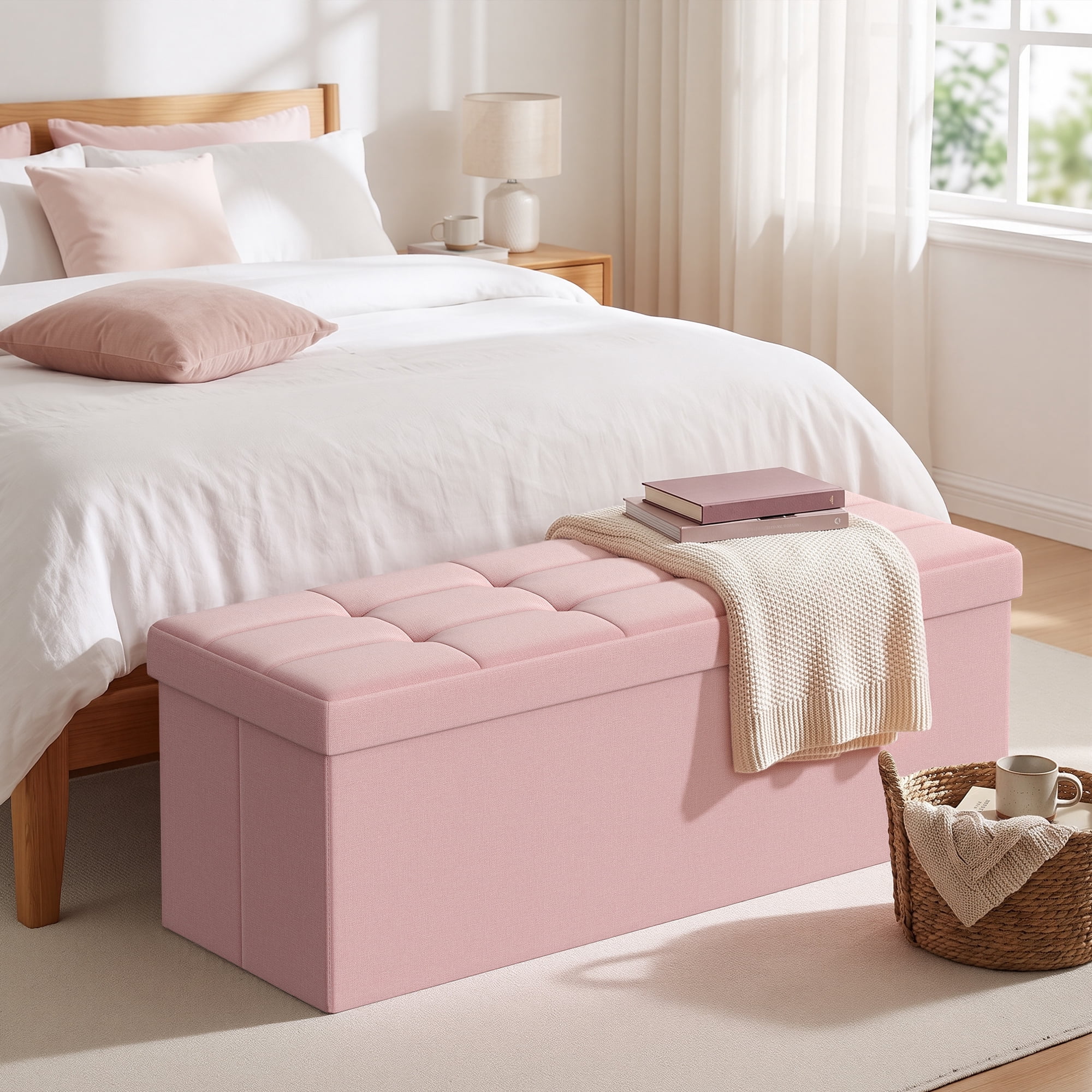 Ledrem Large Foldable Storage Ottoman Bench with 660lb Capacity, Jelly Pink