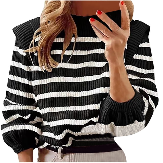Chandails pour Femmes Chandails à la Mode pour Femmes Automne Hiver Col Rond Rayé Imprimé Chandail Récréatif Tricoté Manches Longues