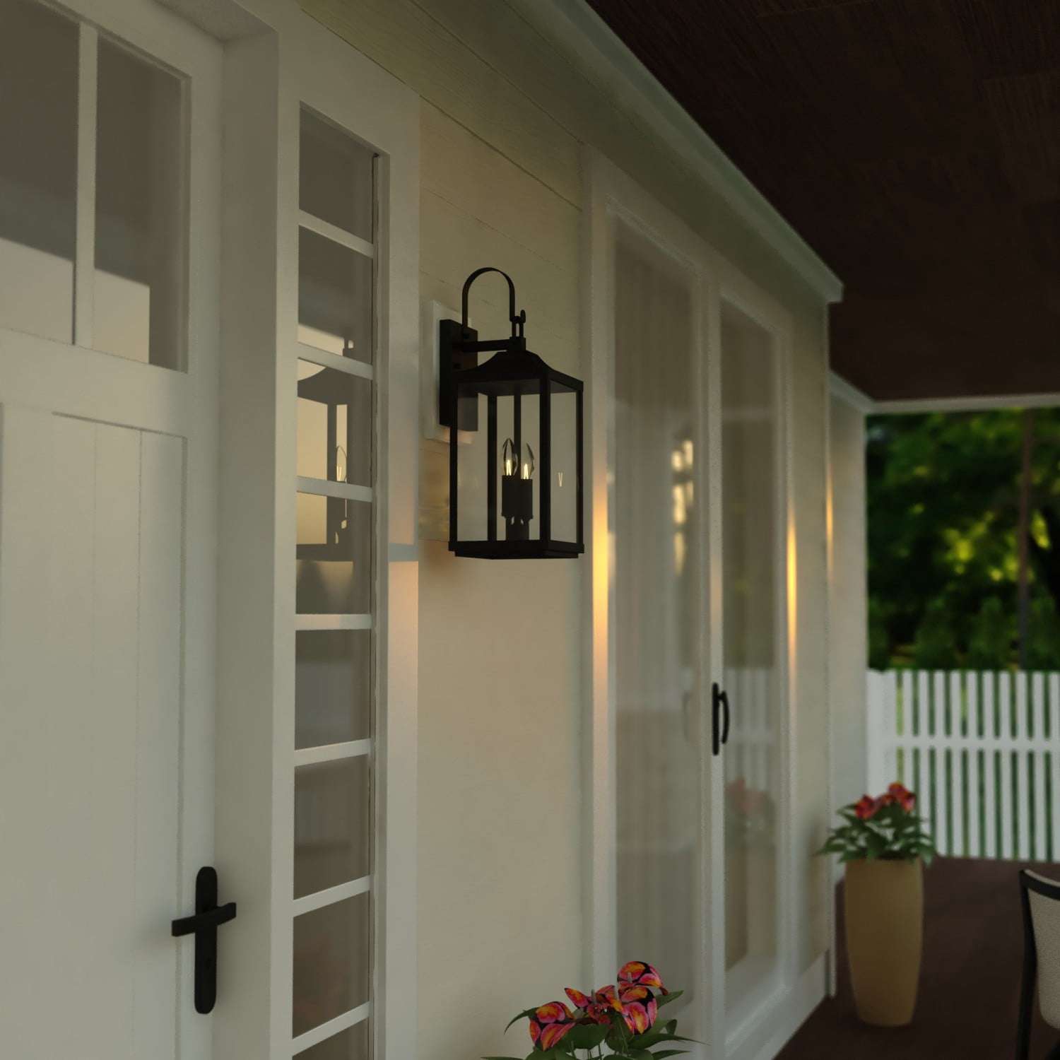 Old Town 2 Light Textured Black Transitional Outdoor Wall Lantern Clear Glass