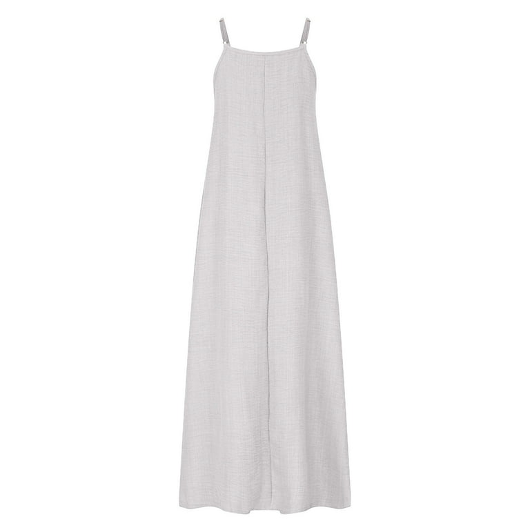 Zebbo V Neck Spaghetti Strap Maxi Dress Women Summer Casual Sleeveless Loose Beach Sundress with Pocket New Going Out Dresses for Women Summer White L