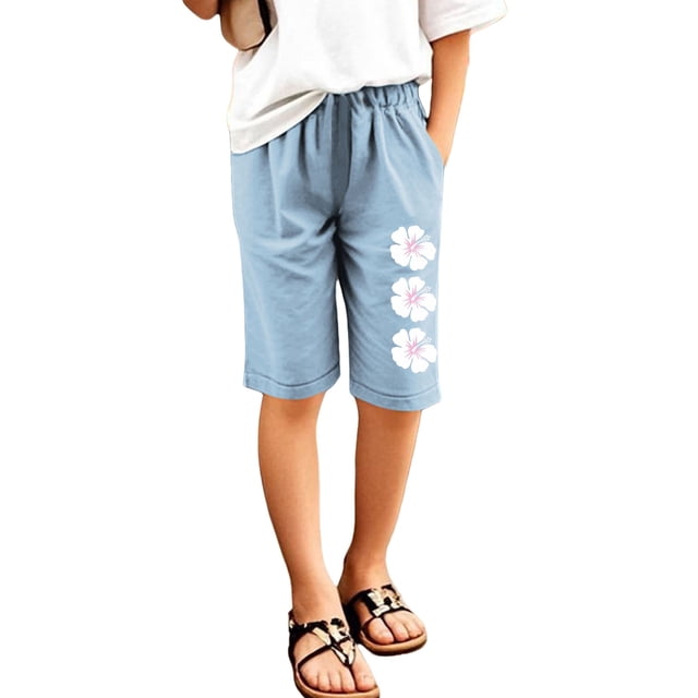 MIASHUI Shorts pour Filles Été Mode Décontractée Imprimé Taille Élastique, Bleu Clair, 12-13 Ans