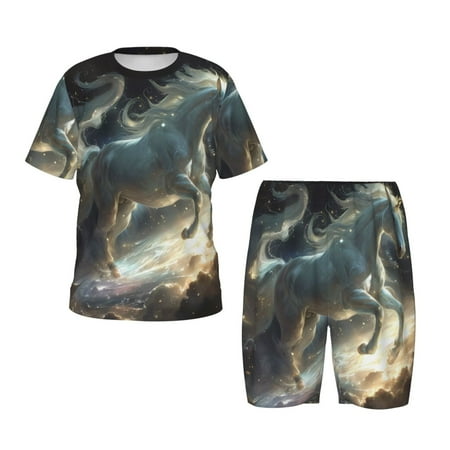 Luyuia Space White Horse Print Girls  2-Piece Tie-Dye Pajama Set  Cute Summer Loungewear with Shirt and Tank Shorts Nightwear-4X-Large