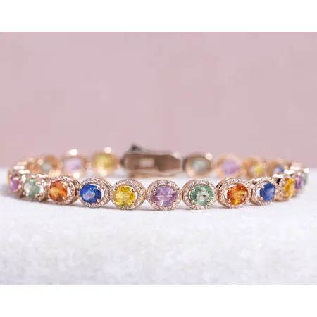 15 Ct Oval Cut Lab-Created Multi Sapphire Tennis Bracelet 14K Rose Gold Plated