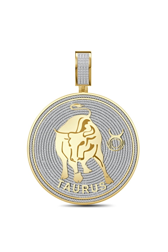 Real Genuine Sterling Silver 28+ Grams Zodiac Taurus Astrological Birth Sign 14K Yellow Gold On 3.50 Ct. Simulated Diamond Lucky Pendant Charm +Free Chain