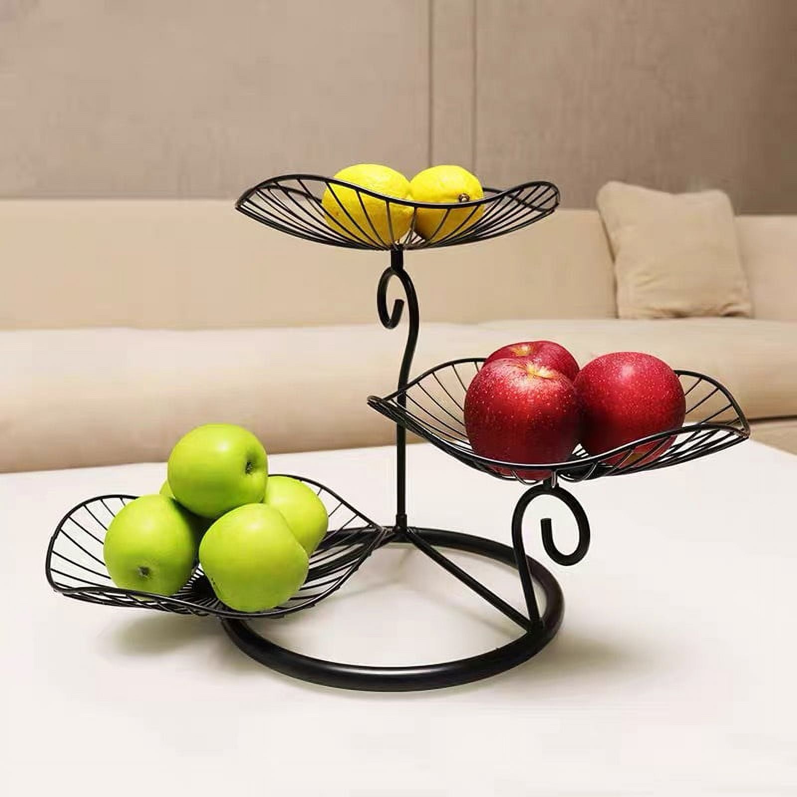 Présentoir à Fruits Noir Avec 3 Étages, Ètagère Décorative Pivotant