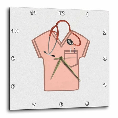3dRose Coral Scrub Top, Stethoscope, Thermometer, and Syringe, Wall Clock, 10 by