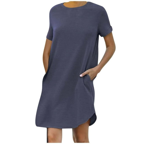 Lmnyox Summer Casual Dress for Women Short Sleeve Crew Neck Midi Dress with Pocket Loose Vacation Dresses