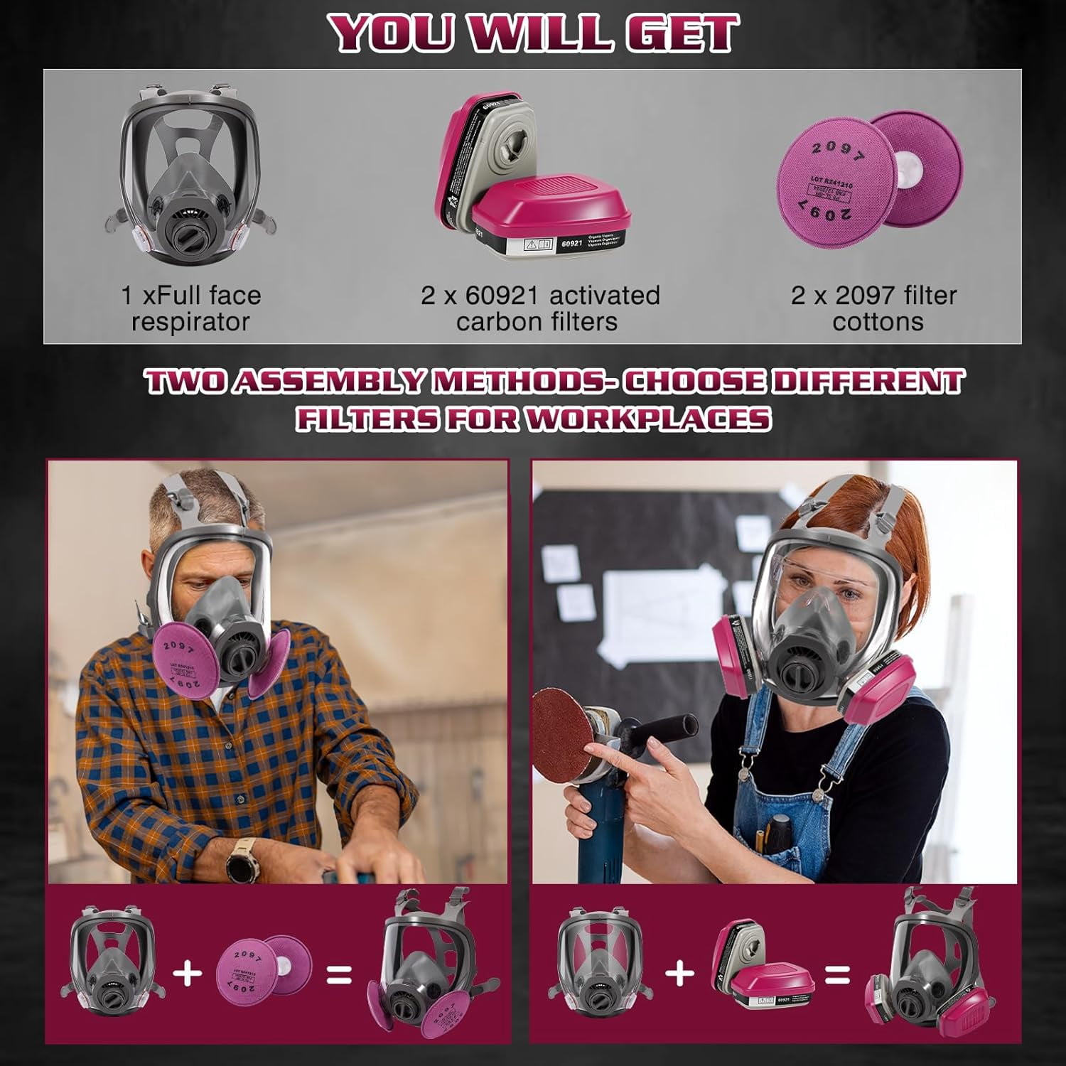Full Face Respirator Gas Mask: 6800 Reusable Respirator Mask with  60921 & 2097 Filters - Dust Mask Anti Fog Against Organic Vapor Fumes Gases for Spray Paint Chemicals Epoxy Resin Welding Sanding