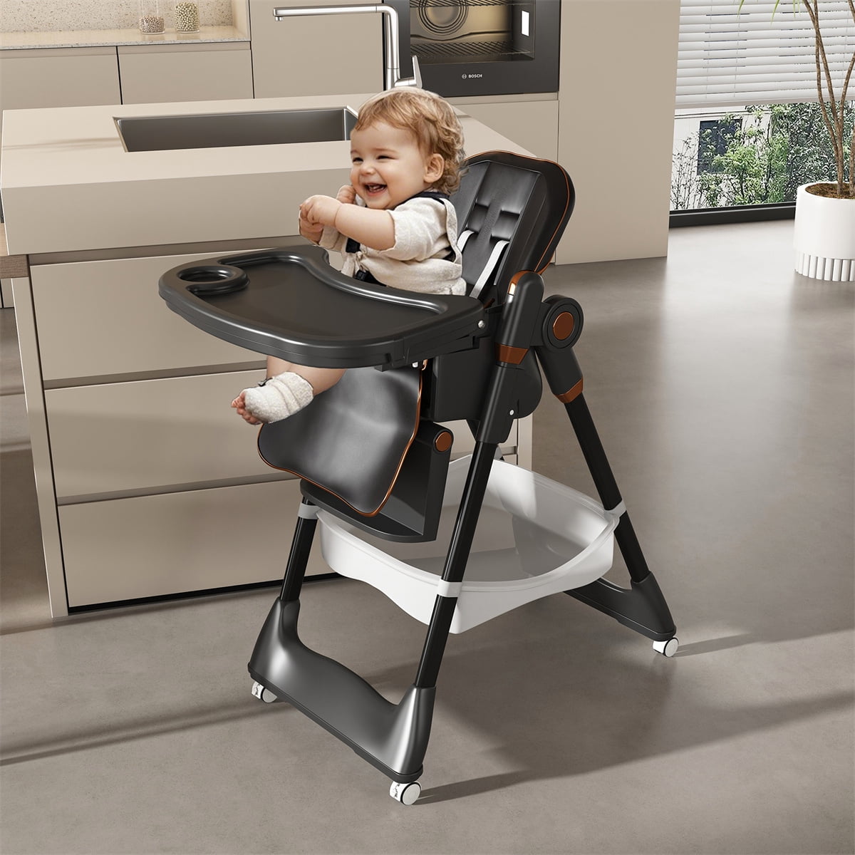 YIORTWO Adjustable Baby High Chair for 0-6 Years, Portable Infant Feeding Seat with 5-Point Belt, Lockable Wheels, Foldable & Easy Clean, Black