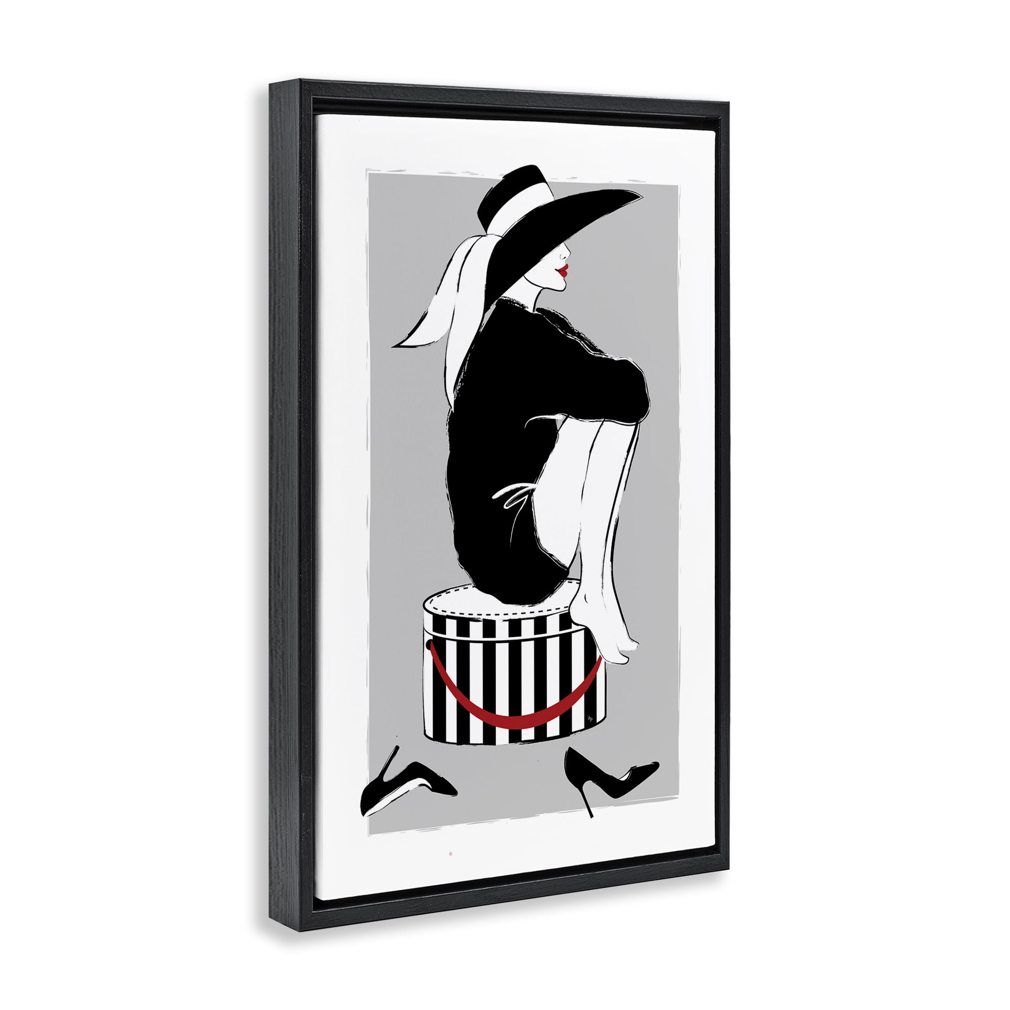 Stupell Industries Sitting On Hat Box Novelty Painting Black Floater Framed Art Print Wall Art, 21 x 31