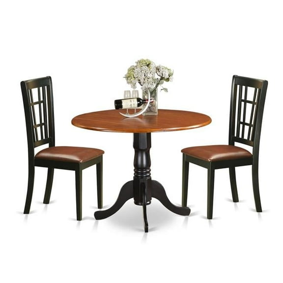 Faux Leather Dublin Kitchen Table Set - Dining Table & 2 Solid Wood Chairs, Black & Cherry - 3 Piece