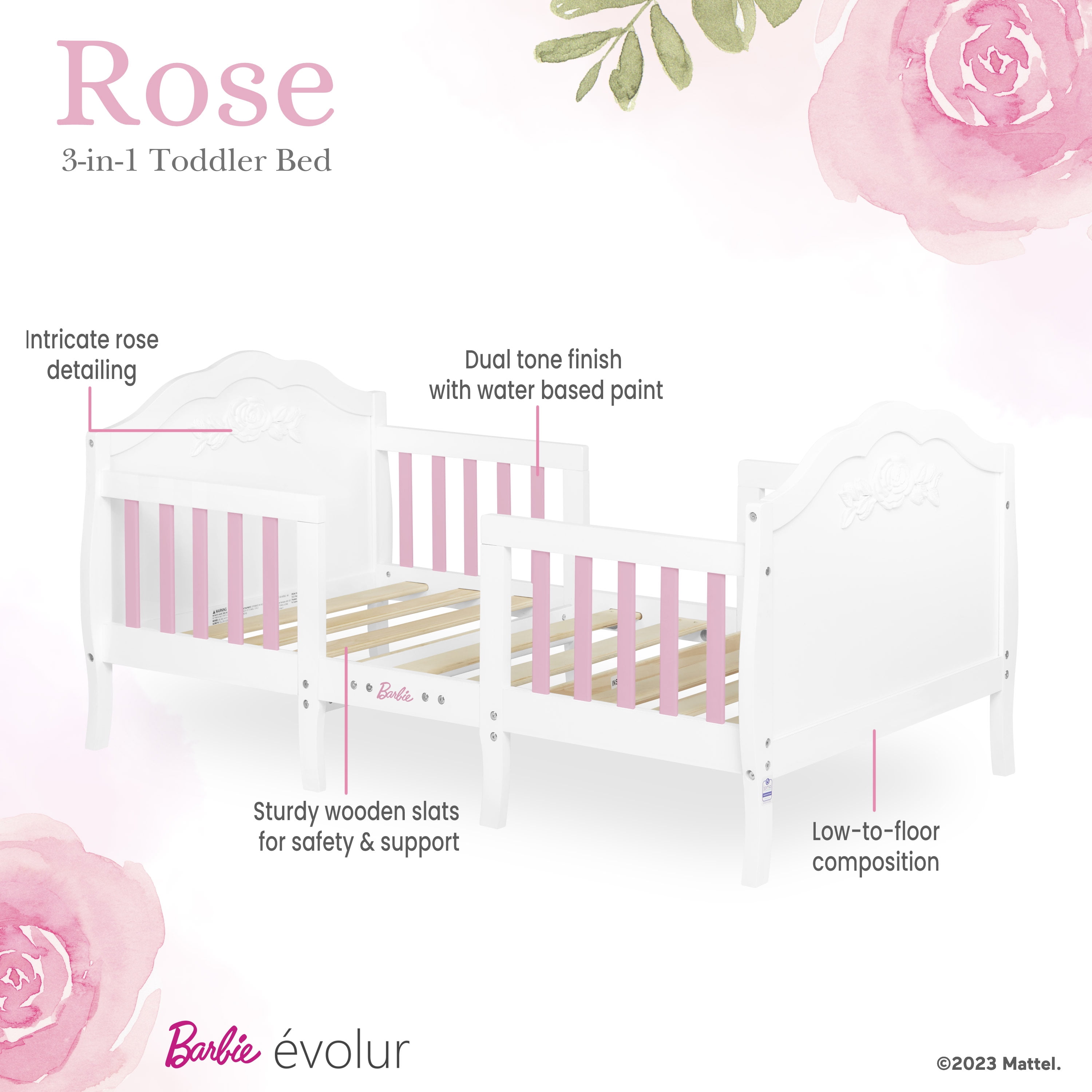 Evolur Rose Toddler Bed in White and Pink