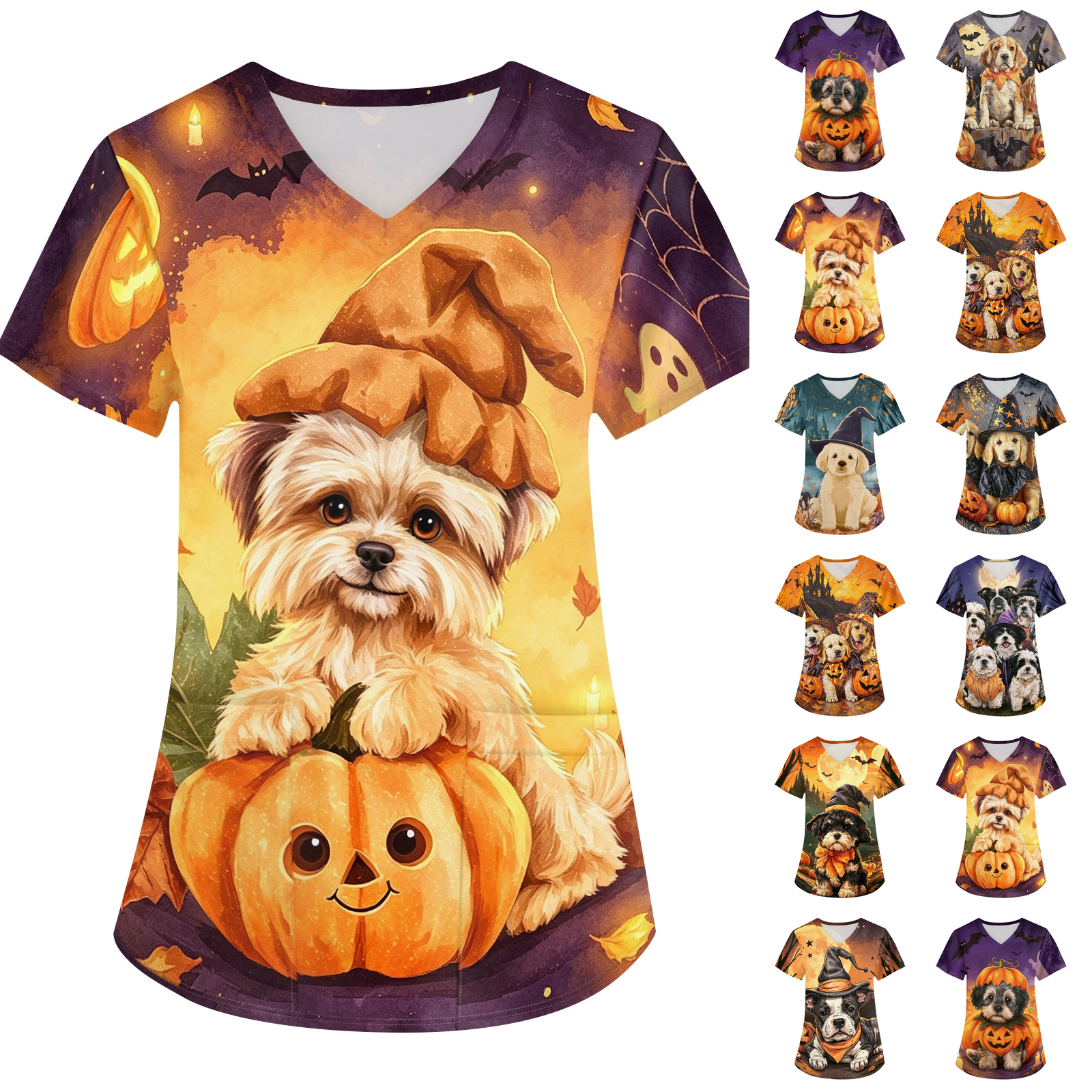 Women's Scrub Tops Short Sleeve V-Neck Halloween Print Plus Size Medical Shirts Stretchy Working Uniform with Pockets