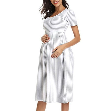 

asdoklhq Maternity Dresses for Women Clearance Women s Short Sleeve Maternity Dress Striped Knee-Length A-Line Pregnancy