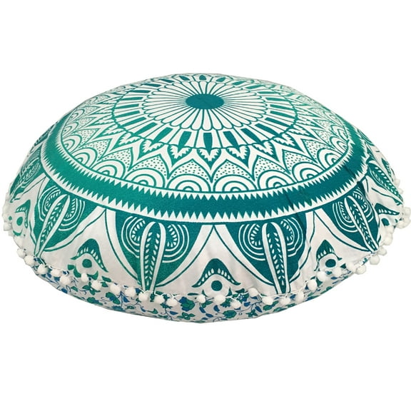 Stylo Culture Ethnic Round Floor Cushion Cover Mandala Meditation Cushion Printed Pouf Pillow Case Green 32x32 Big Decorative Pom Pom Lace Cotton Floral 1 Pc