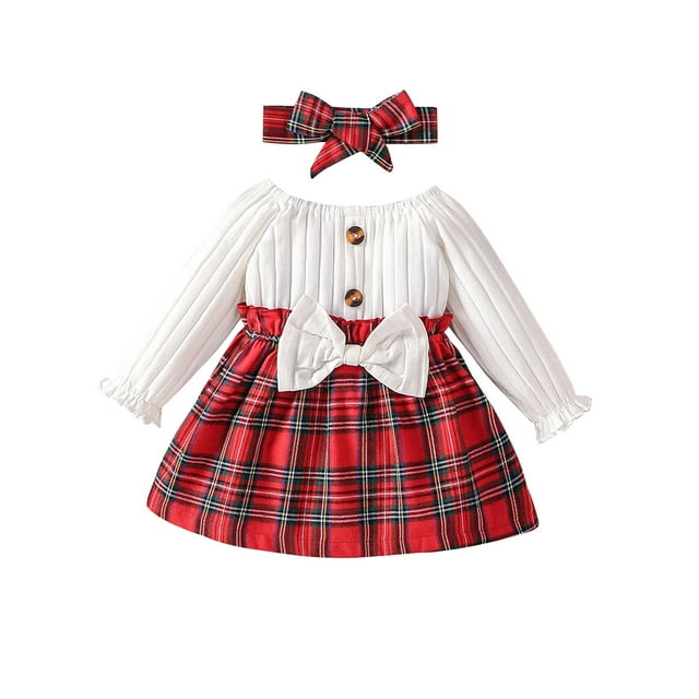 xiaxaixu Robe Trapèze d'Automne pour Bébé Fille avec Bandeau à Nœud, Robe à Manches Longues à Col Rond à Imprimé à Carreaux Patchwork