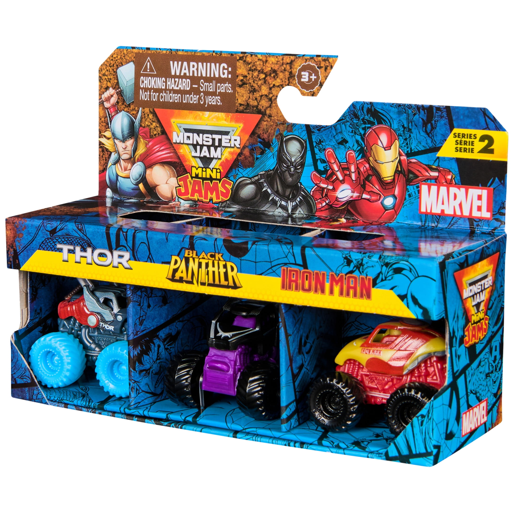 Monster Jam, Marvel Mini 1:87 Scale Monster Truck 3-Pack (Thor, Black Panther, Iron Man)