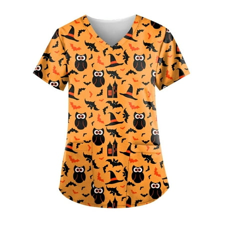 

Funicet Halloween Shirts for Women Scrubs Tops Plus Size Working Uniform With Pockets Short Sleeve V-neck Nursing Uniform Printed Blouse