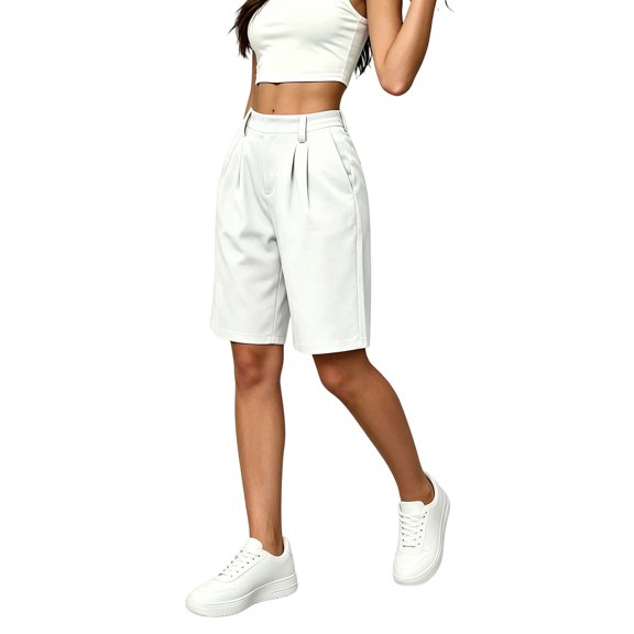 Bermuda Shorts for Women Hiking Casual Elastic Waist Wide Leg Suit Tailored Shorts Summer Dressy Work Shorts with Pockets White XL