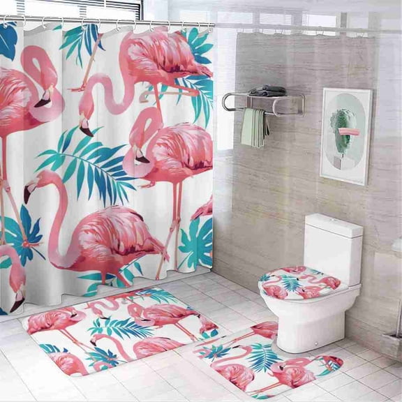 Pink Flamingo and Teal Tropical Leaf 4-Piece Shower Curtain Set with Bath Mats and Toilet Lid Cover for Bathroom Decor