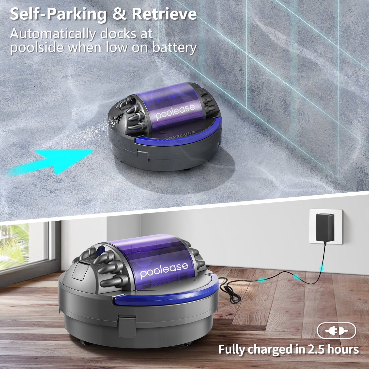 Poolease Cordless Robotic Automatic Pool Cleaner, Dual 45W Motors, Self-Parking, for In-Ground & Above Ground Pools
