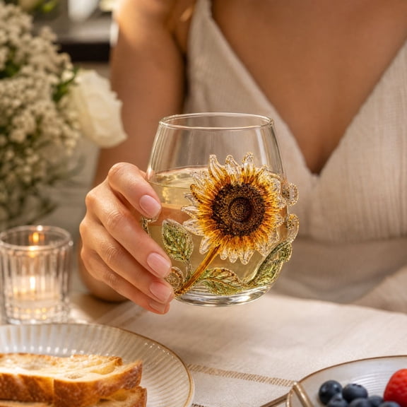 Sunflower Stemless Wine Glass, Hand-Painted Floral Drinking Cup, Clear Glassware For Home Table Decor, Boho Farmhouse Housewarming Gift