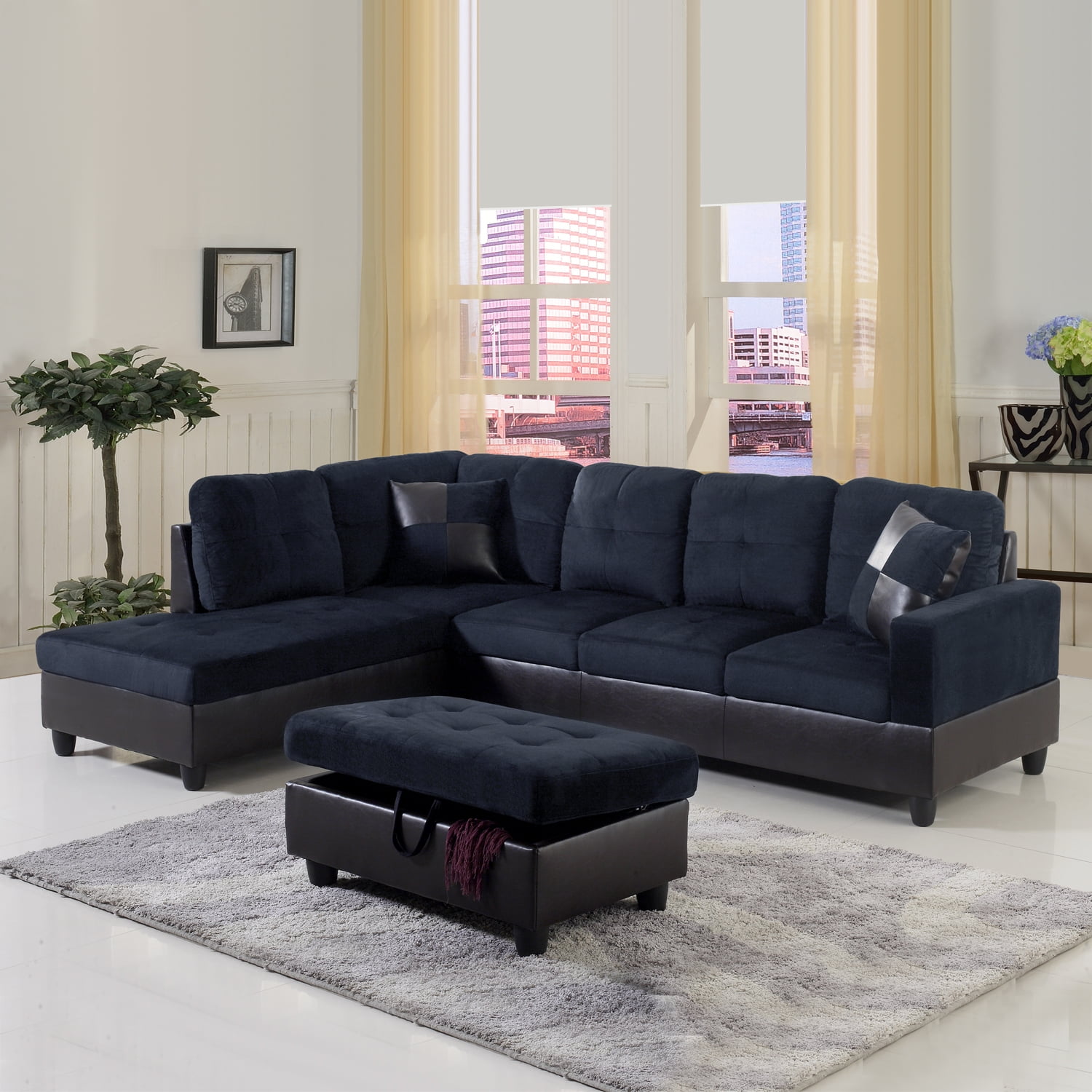 Hommoo Lint&PVC L Shaped Sectional Sofa, Sectional Couch Sofa, Modern Living Room Furniture Sets, Dark Blue And Brown(No Ottoman)