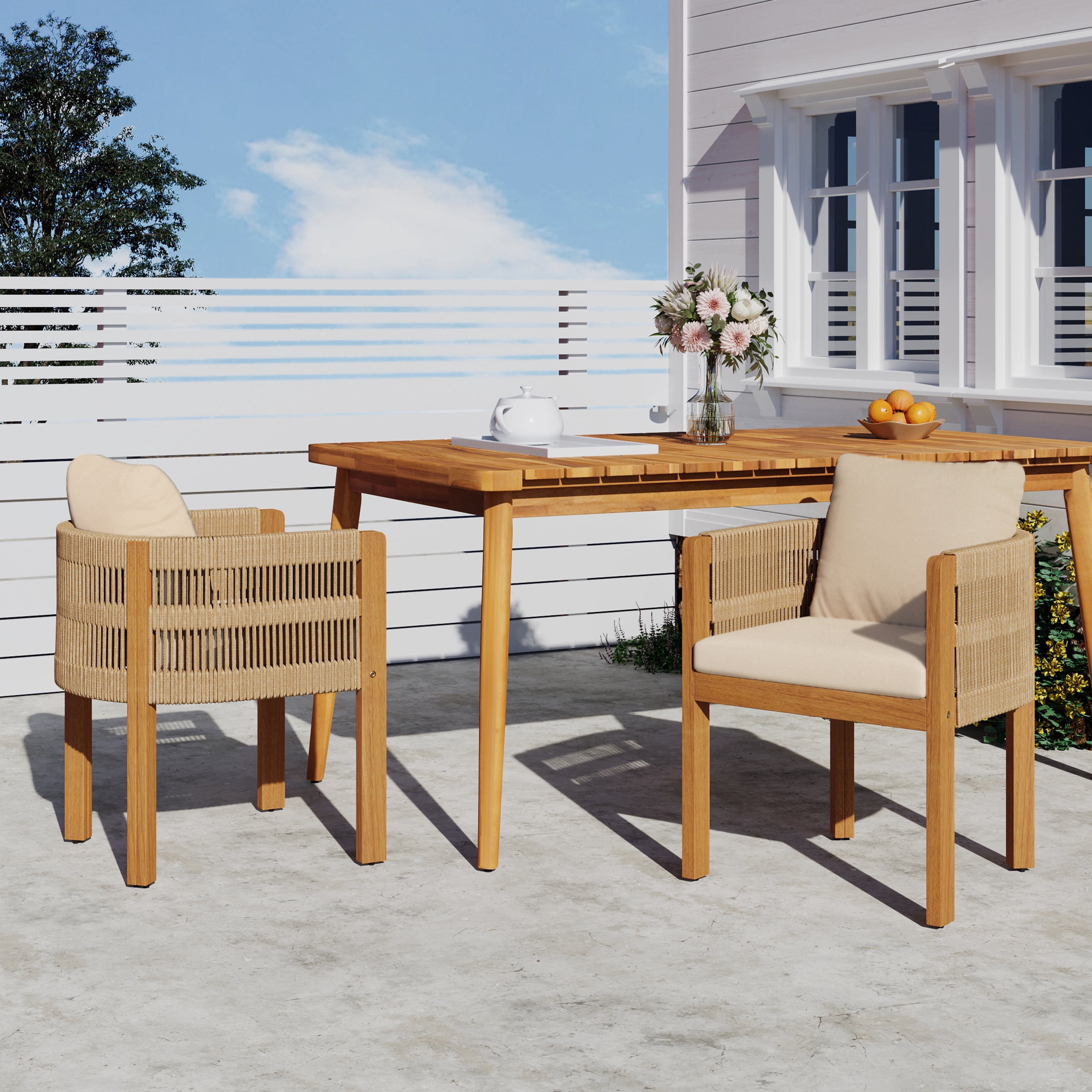 Acacia Wood Outdoor Dining Chairs Set of 2 with Brown Rope Handles Washable Waterproof Beige Cushions, Teak
