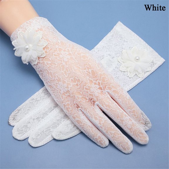Women Breathable Non-Slip Flowers Mittens Sunscreen Gloves Ice Silk Lace Gloves WHITE