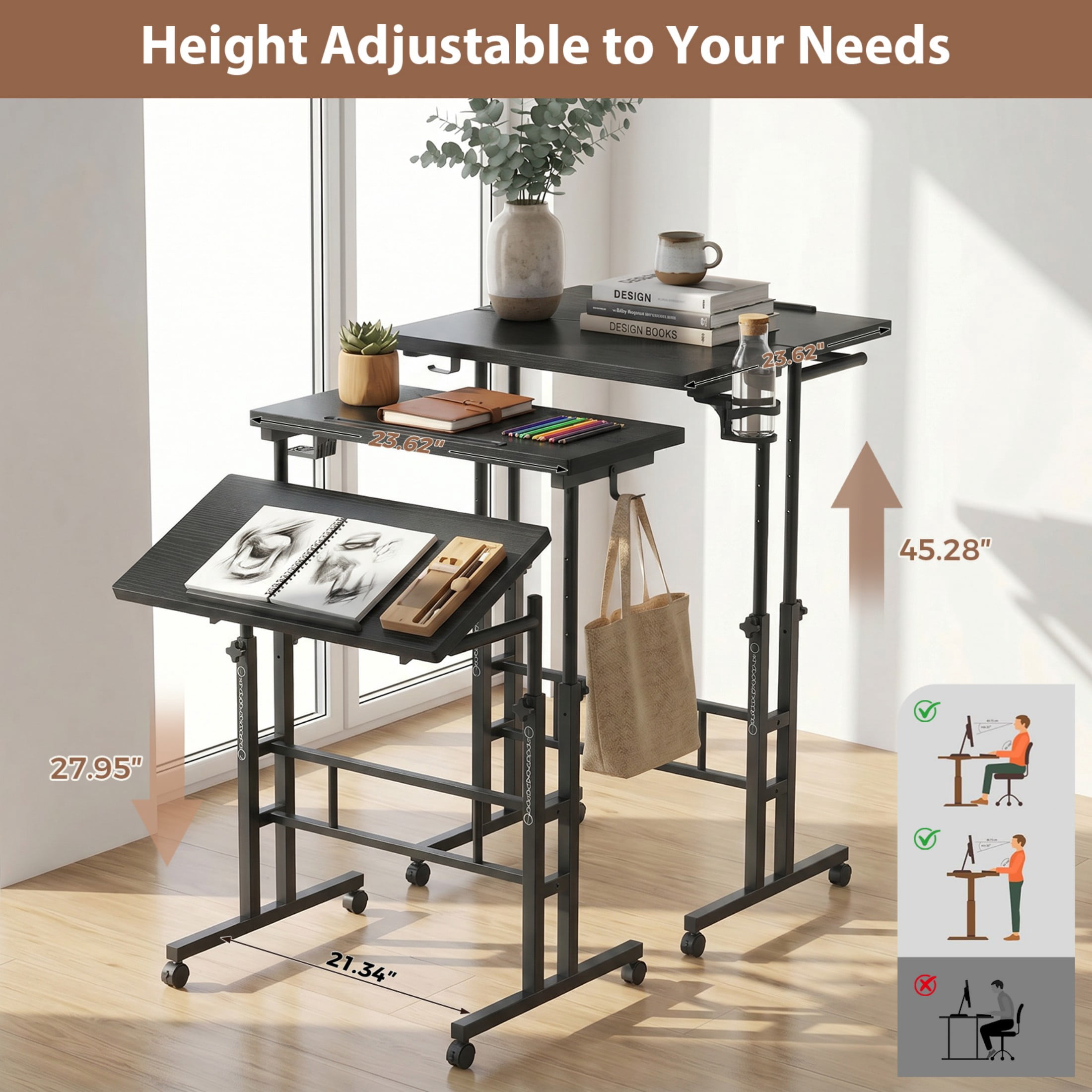 CONCETTA 23.6 inch Mobile Standing Desk, Adjustable Height Rolling Computer Desk for Home Office, Portable Treadmill Sit Stand Workstation, Black