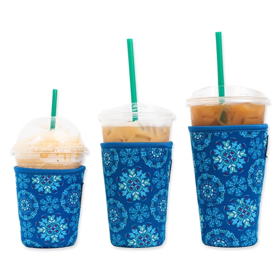 3-Pack (16-32oz) Reusable Neoprene Insulator Sleeve for Iced Coffee or Cold Beverage Cups (Blue Wispy)