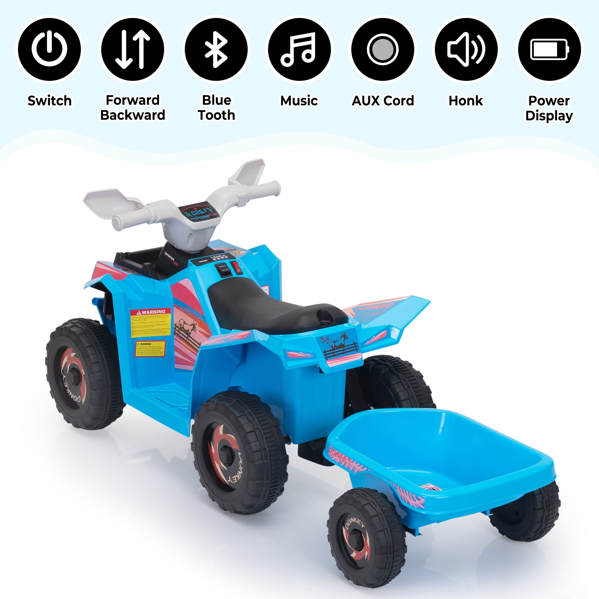 TOBBI 6V Kids Ride on ATV Quad Battery Powered 4-Wheeler Toy Car W/ Trailer, Bluetooth, MP3, Horn, Blue