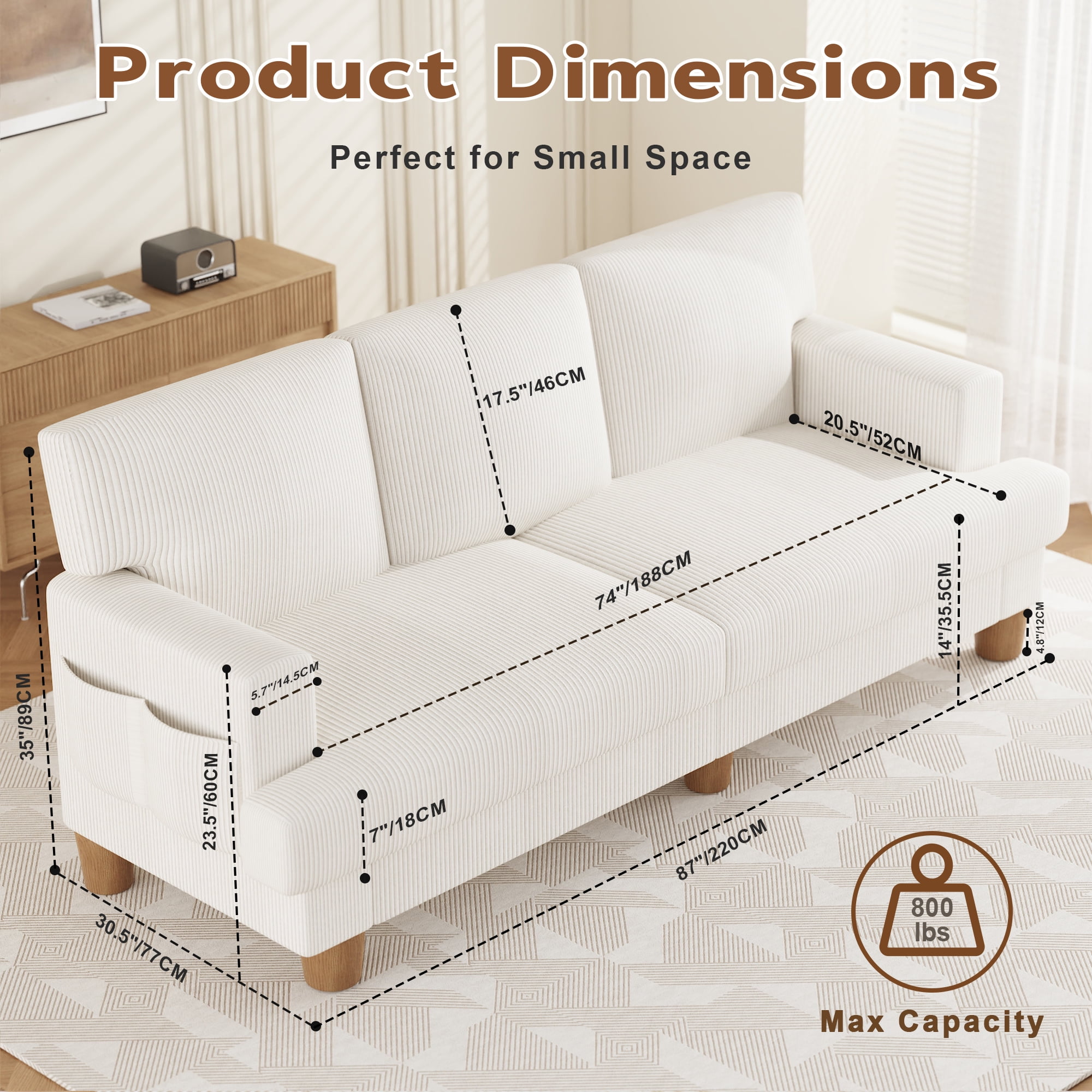 AAQZ 87" Corduroy Sofa Couch for Living Room, 3 Seater Deep Seat Comfy Couch in a Box, 2 Cushions, 2 Pillows Tool-Free Setup,Beige