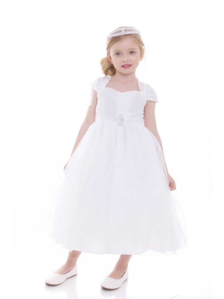 Precious Kids Petite Adele Little Girls White Poly Dupioni Satin