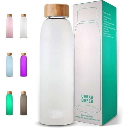 

Glass Water Bottle with Protective Silicone Sleeve and Bamboo Lid by Urban green 18oz 1extra 304 Stainless Steel Lid with Handle BPA Free Dishwasher Safe Gift Box