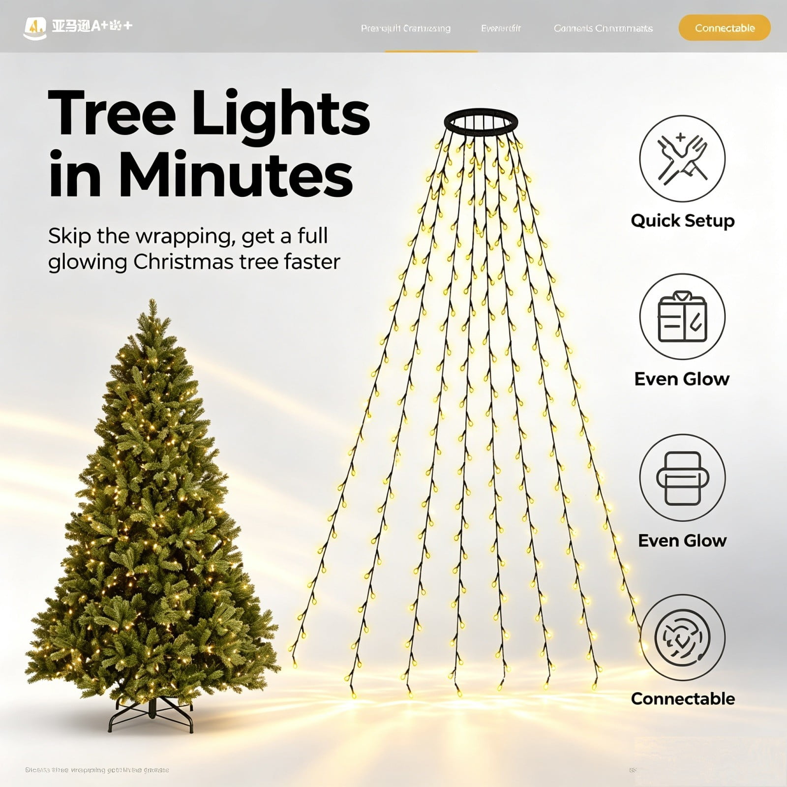 Christmas Tree Lights with Topper Star LED Hanging String Lights Holiday Decorative Lights for Indoor Outdoor Xmas Tree Home Decor(A)