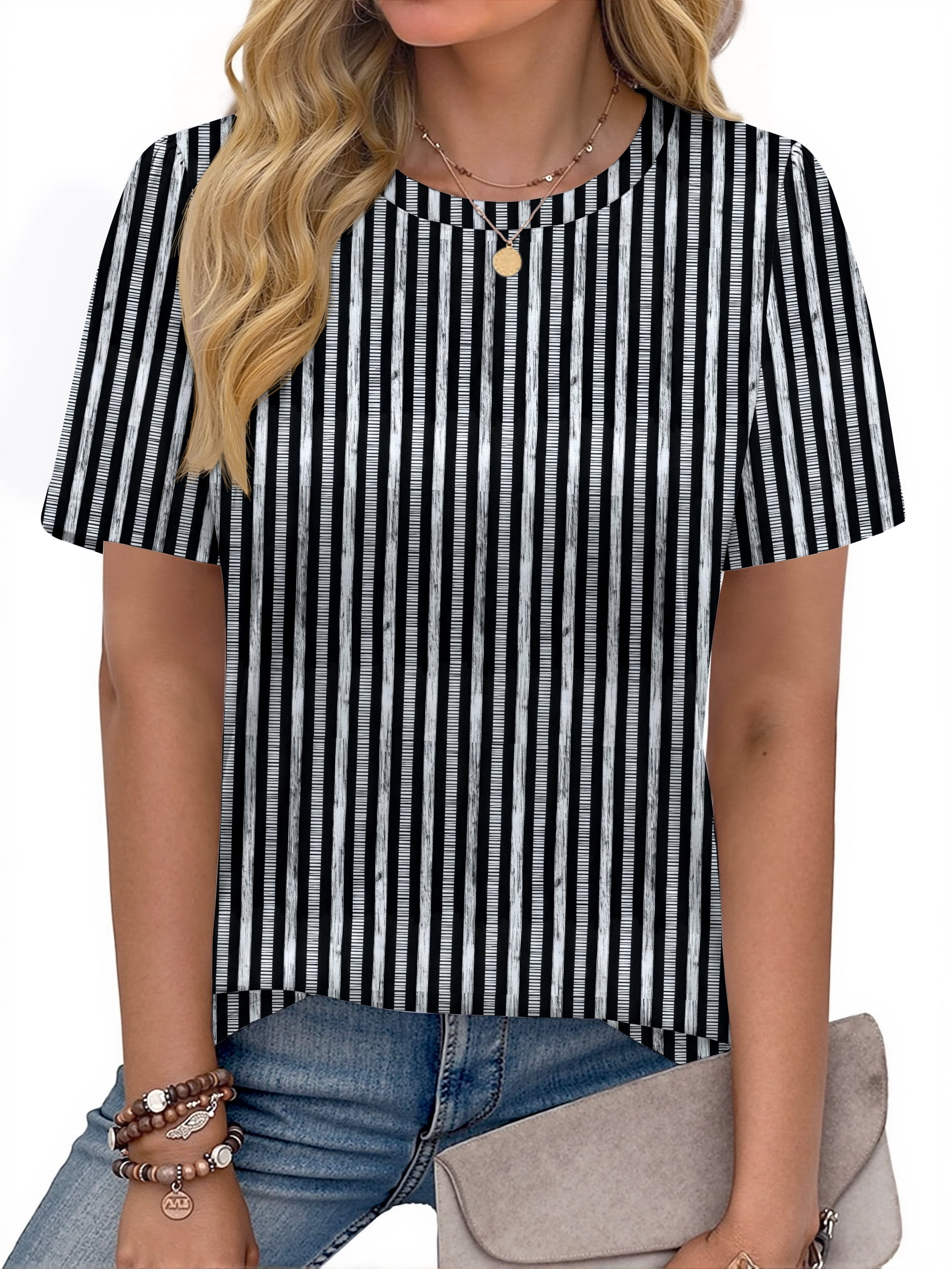 Fantaslook Womens Summer Tops Dressy Casual Short Sleeve Shirts Crew Neck Tunic Floral Blouses