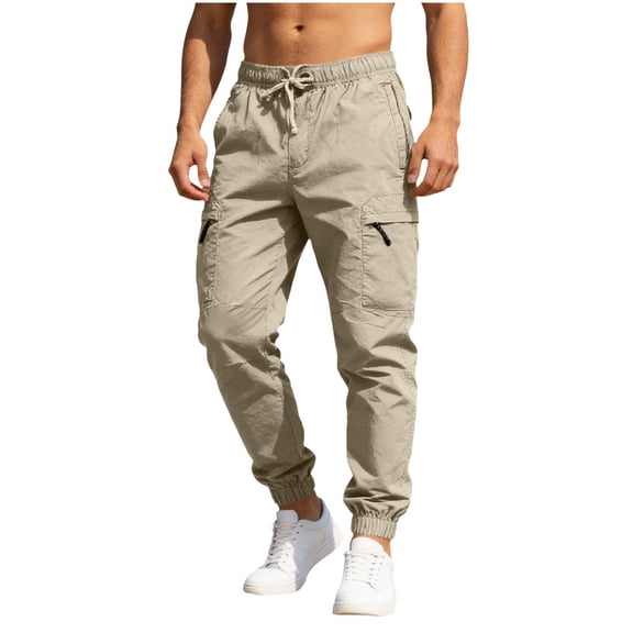 Vhkiploz Plus Size Cargo Pants for Men's Solid Color Drawstring Everyday Work Trousers Jogging Hiking Trousers with Multiple Zip Pockets