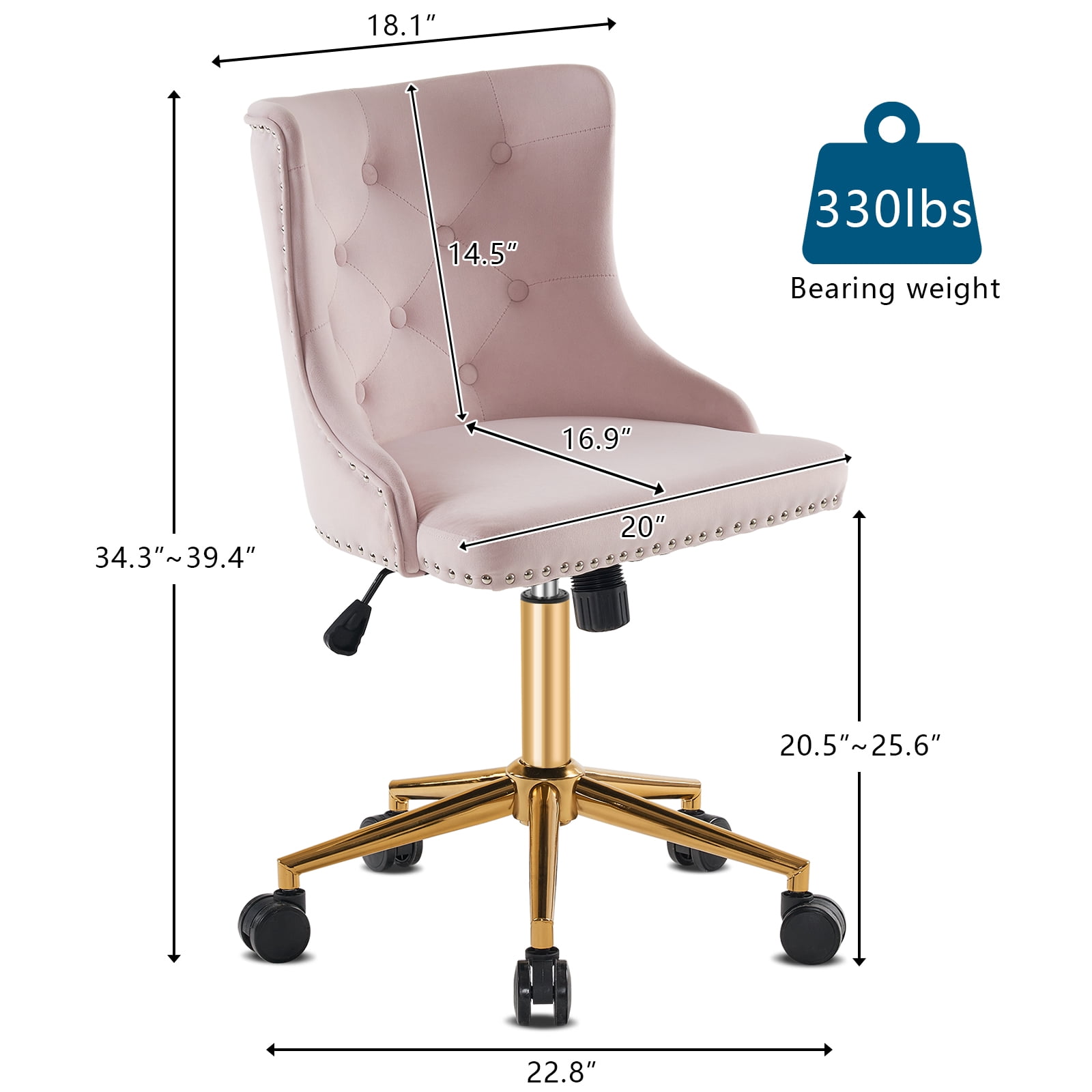 UBesGoo Armless Office Chair Flannel Computer Task Chair Adjustable Swivel Vanity Chair with Ergonomic Backrests and Wheels for Conference and Home Light Pink & Gold