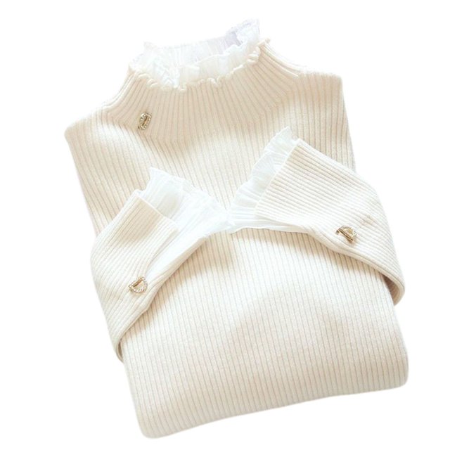 EIMELI Bottoming Sweater High Collar Fake 2 Pieces Head Lace Ruffle Top Flared Sleeves