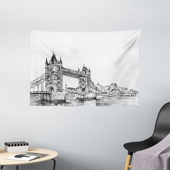 Vintage Tapestry, Old Fashion London Tower Bridge Sketch Architecture British UK Scenery Art Print, Wall Hanging for Bedroom Living Room Dorm Decor, 60W X 40L Inches, Grey White, by Ambesonne