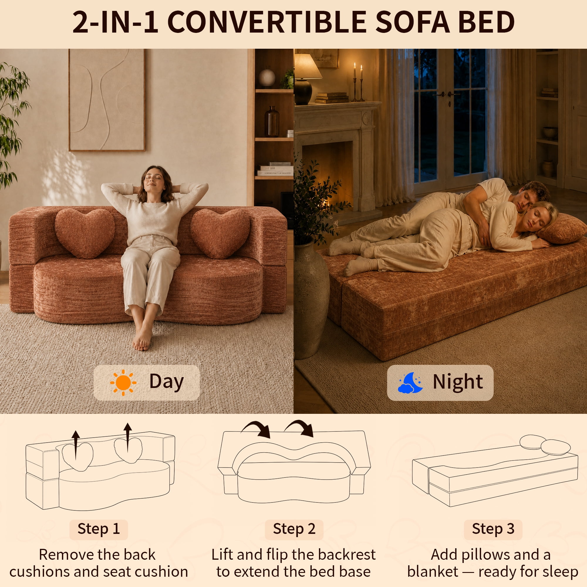78.74"W Heart-Shaped Convertible Sofa,Floor Couch,Sleeper Sofa Bed,No Assembly High-Density Sponge Loveseat with 2 Heart Pillows for Living Room, Apartment,Burnt Orange
