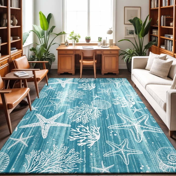 Area Rugs 4'x6'. Teal Coastal Carpet Runner Indoor Outdoor Rugs Home Decor Aesthetic, Summer Ocean Sea Waves Starfish Corals Non Slip Mats Washable Accent Rug for Living Room Bedroom