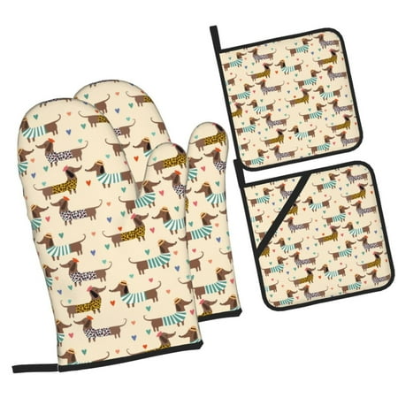 

Tebeau Dachshund Dog Print 4 Pcs Oven Mitts and Pot Holders 500°F High Heat Resistant Kitchen Oven Mitts with Pot holders Long Oven Mitts for Baking and Cooking